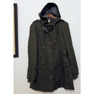 Free People Women's Utility Military Style Jacket Hooded Ramie Army Green SZ 6